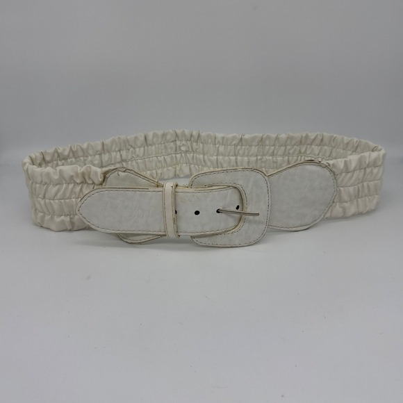 Nine West Off White Elastic Ruched Wide Cinch Belt Buckle Size L/XL 33-36 Waist - Picture 5 of 12